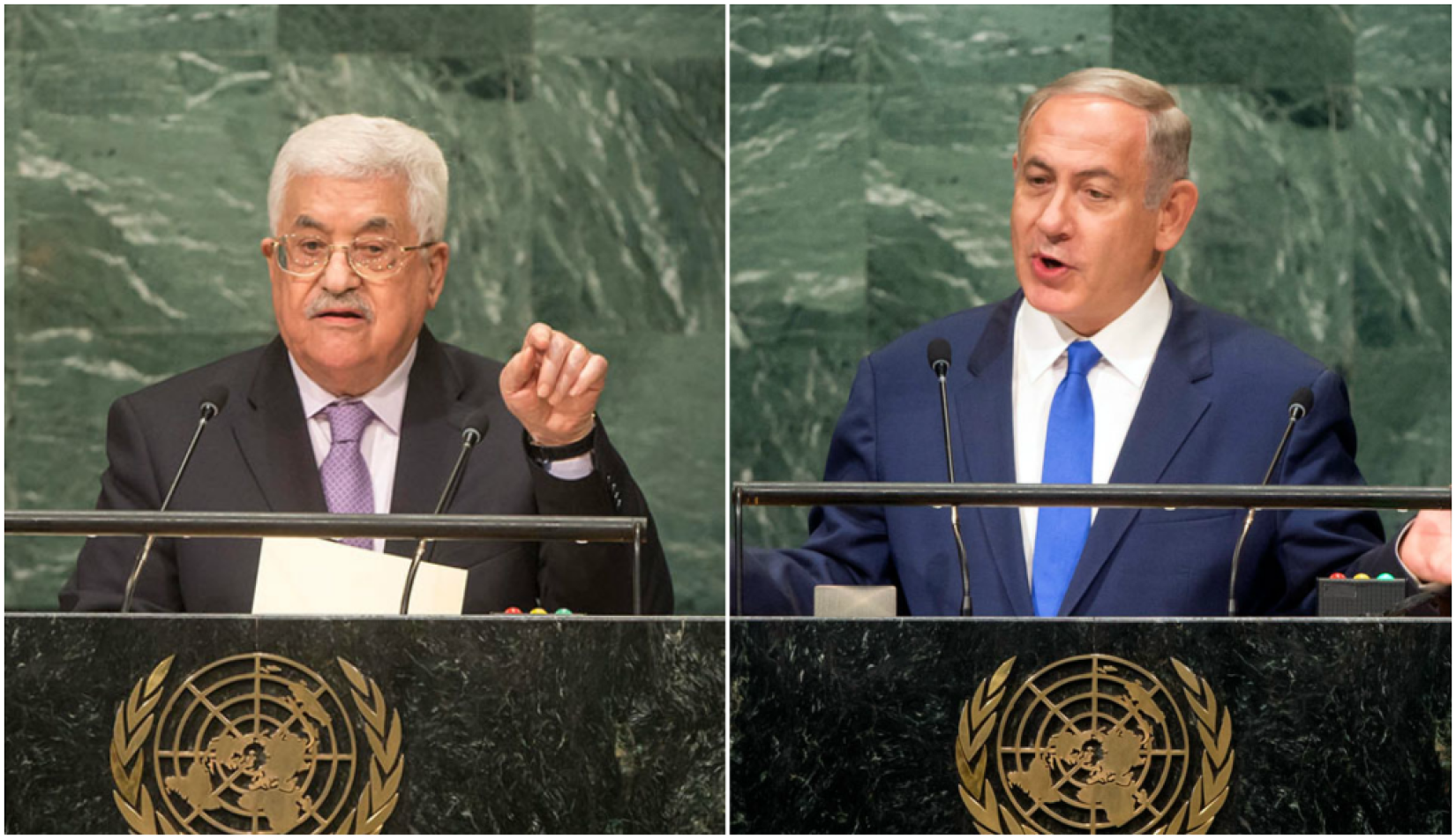 O presidente da Palestina, Mahmoud Abbas, e o primeiro-ministro de Israel, Benjamin Netanyahu, discursando durante a 71ª sessão da Assembleia Geral. Foto: ONU / Cia Pak 