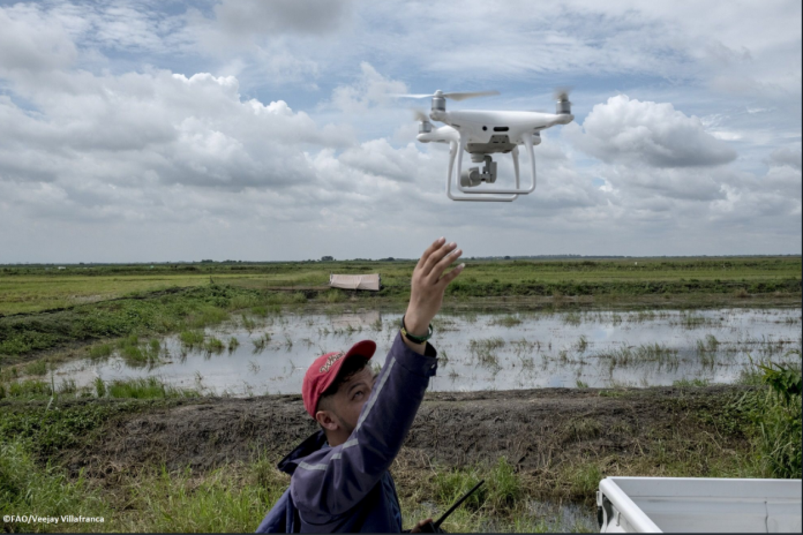 Uso de drones ajuda a monitorar impacto de desastres naturais em zonas agrícolas. Foto: FAO/Veejay Villafranca