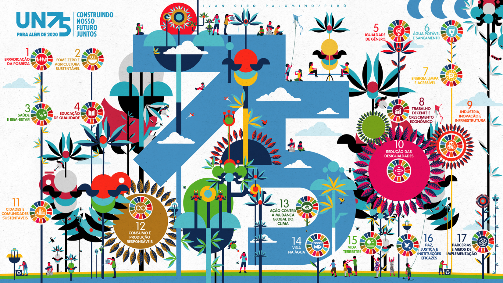 Ilustração para o UN75 Brasil mostra os 17 Objetivos de Desenvolvimento Sustentável