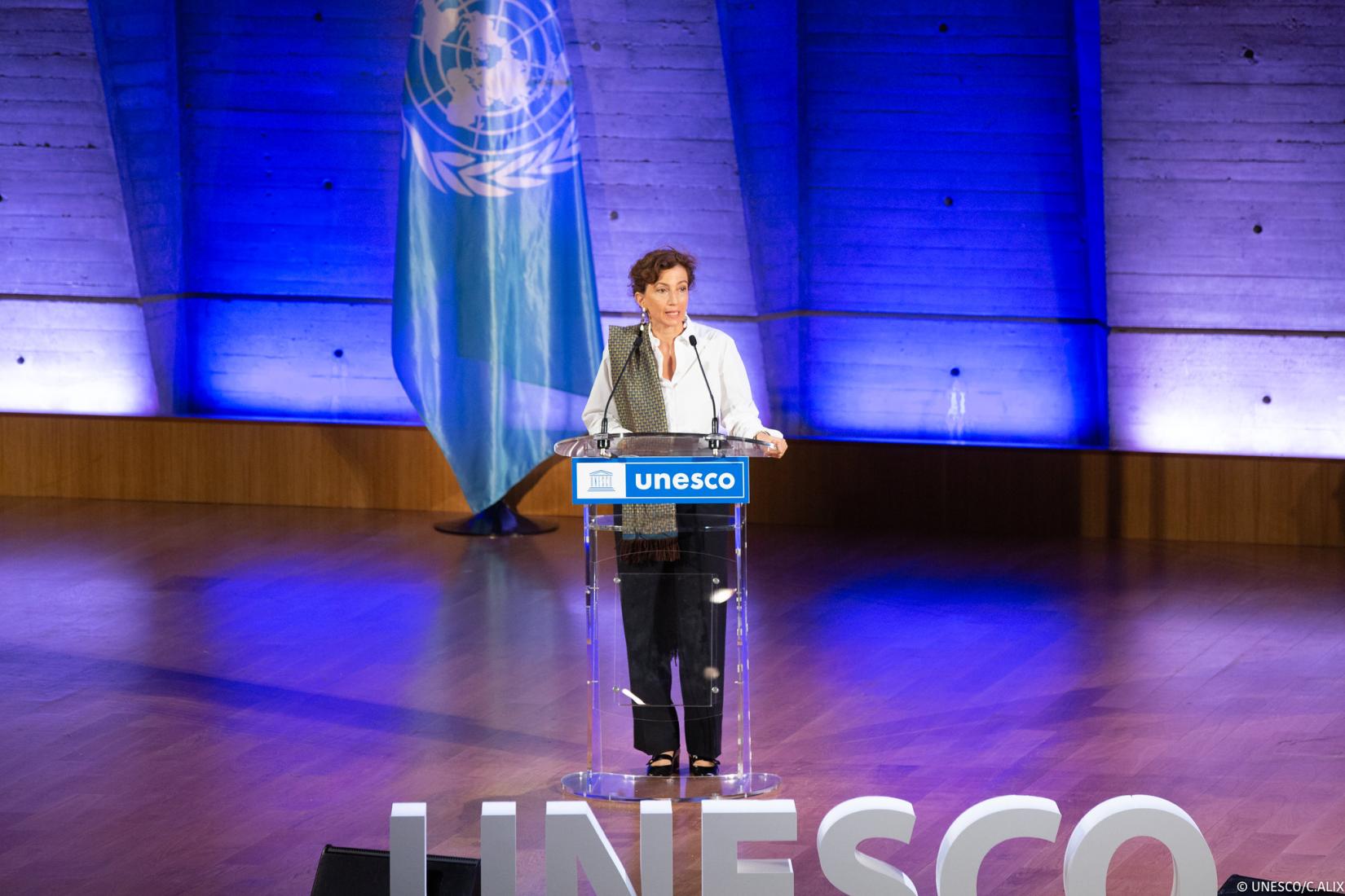 A diretora-geral da UNESCO, Audrey Azoulay, na abertura da Pré-Cúpula.