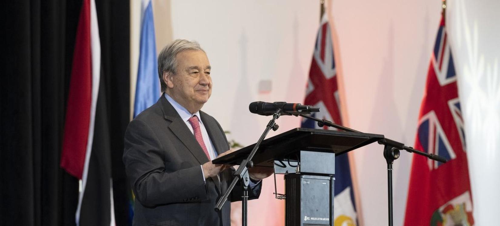 Secretário-geral da ONU discursando na abertura da  43ª Conferência da Comunidade e Mercado Comum do Caribe (CARICOM).
