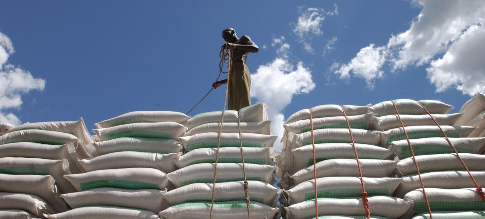 Trabalhador do porto de Dar Es Salaam carregando sacos de trigo em um caminhão, na Tanzânia.