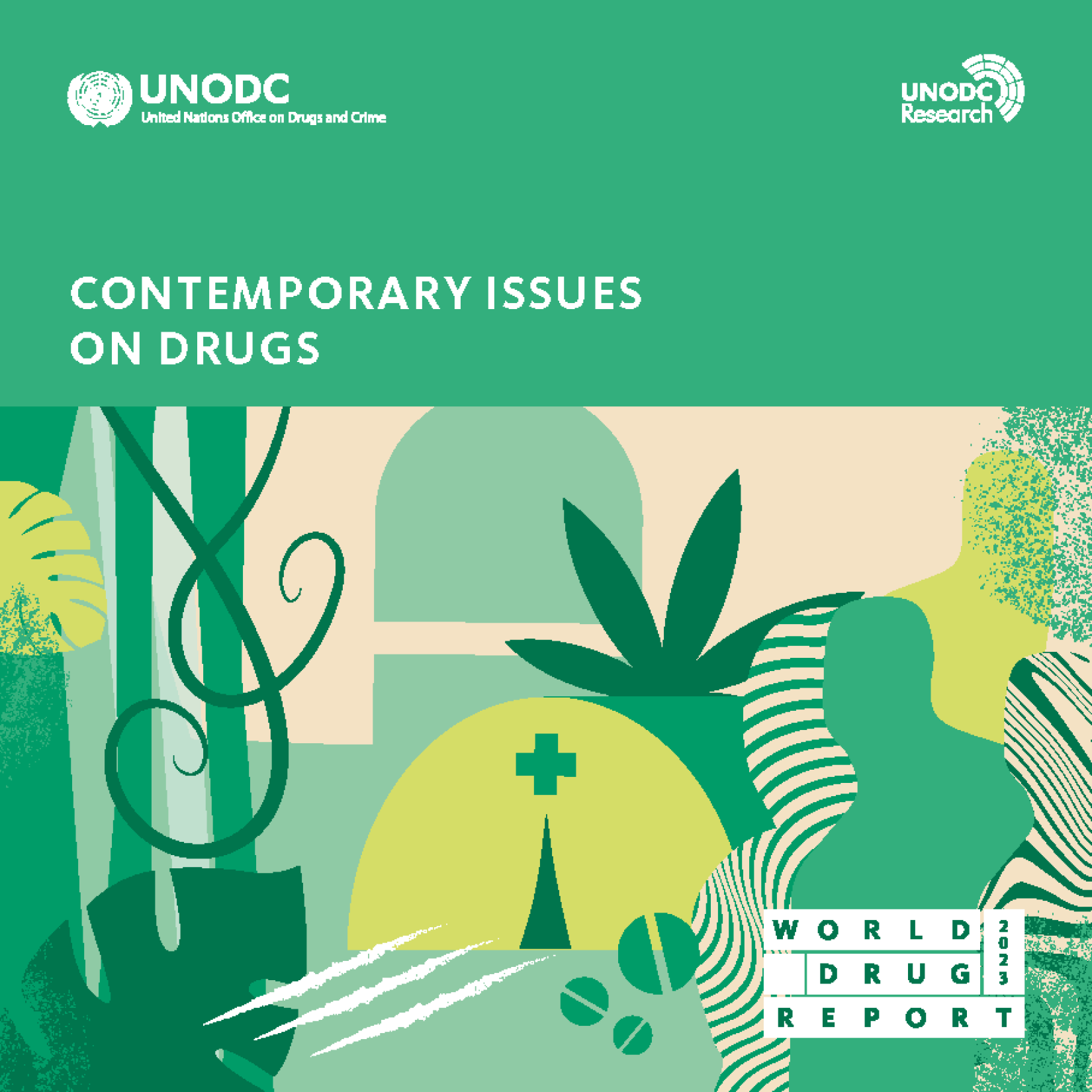 Capa do Relatório Mundial sobre Drogas 2023, lançado pelo UNODC