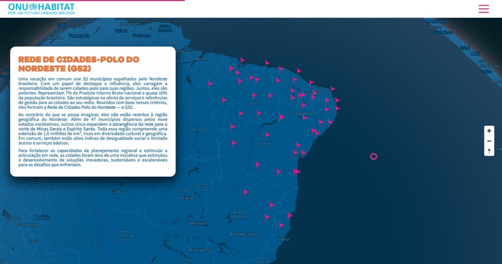 imagem mostra que relatório interativo permite navegar pelos territórios onde o ONU-Habitat Brasil esteve presente em 2022