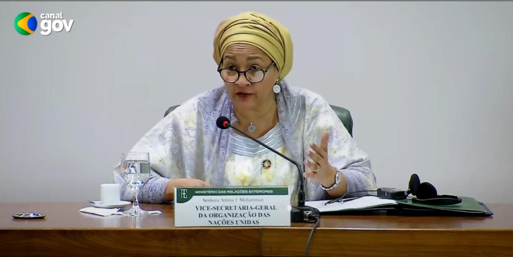 A vice-secretária-geral da ONU, Amina Mohammed, participa de evento no Ministério das Relações Exteriores do Brasil.