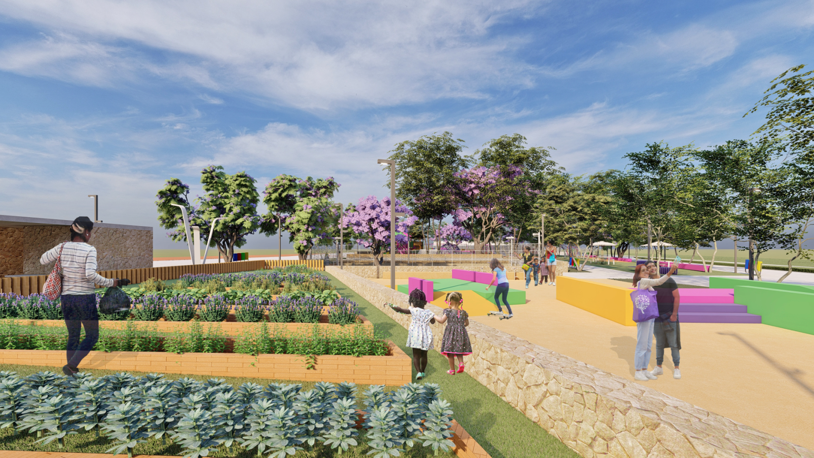 Parquinhos inclusivos e uma horta comunitária foram ideias para que a praça possa apoiar na inclusão de todas as pessoas do bairro. 