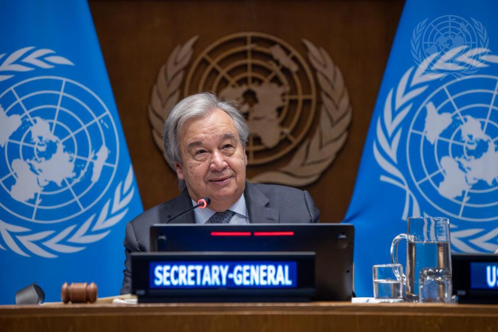O secretário-geral António Guterres discursa no lançamento do Grupo Consultivo com Governos Locais e Regionais, na sede da ONU em Nova Iorque, em 6 de outubro de 2023. 