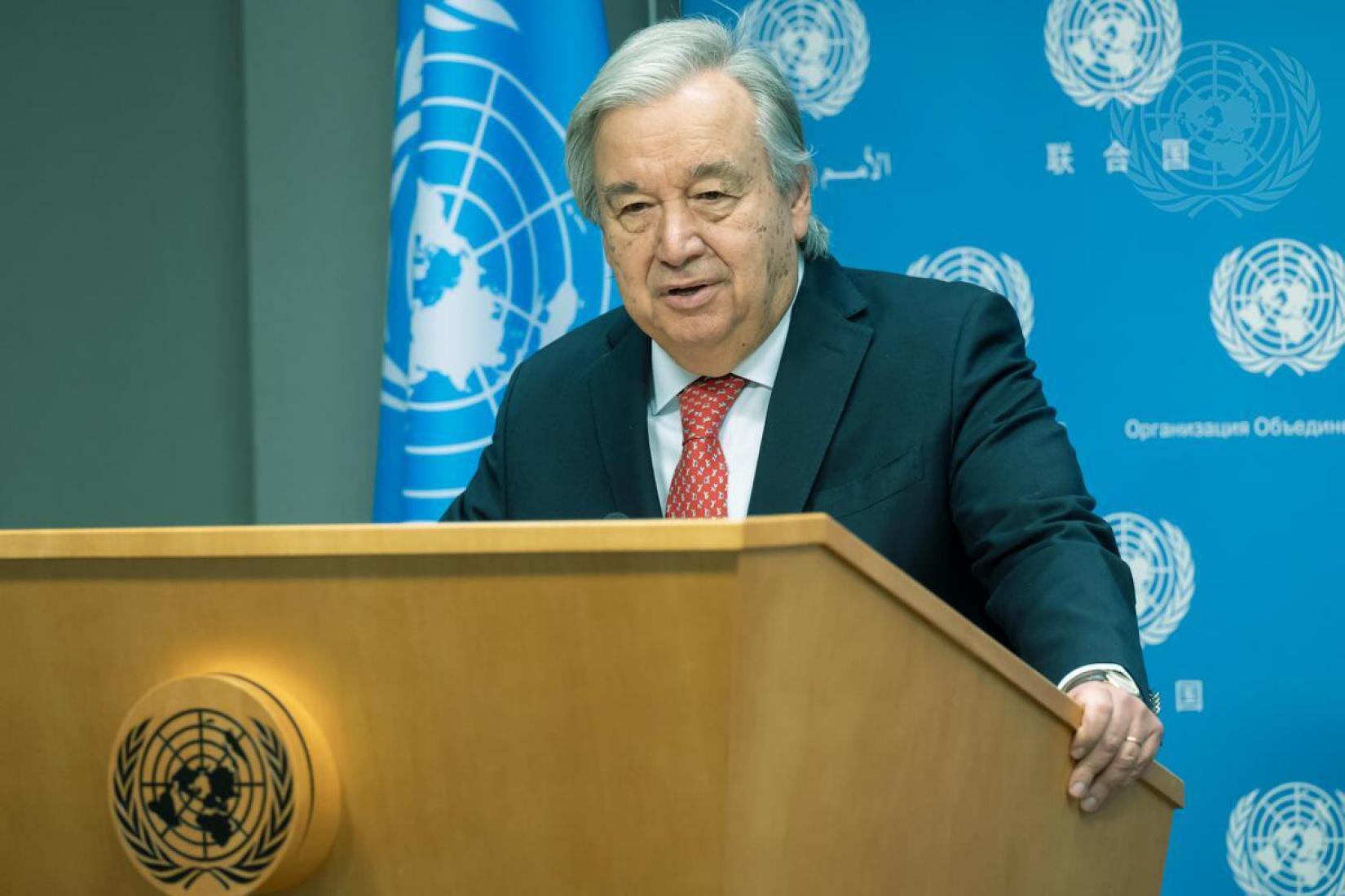 O secretário-geral da ONU, António Guterres, em coletiva de imprensa sobre a escalada da violência no Oriente Médio, realizada na sede das Nações Unidas em Nova Iorque em 6 de novembro de 2023. 