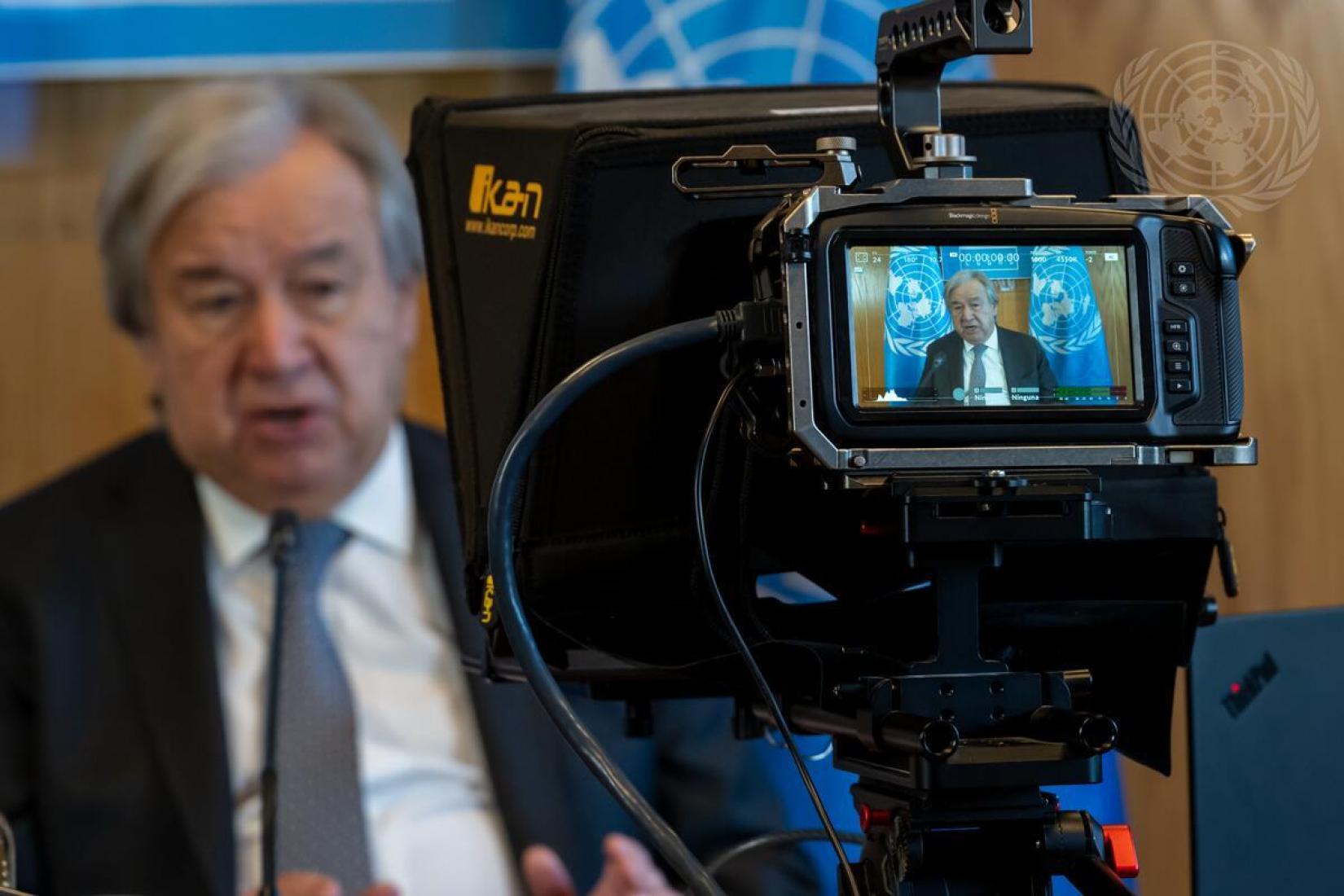 O secretário-geral das Nações Unidas, António Guterres, participa da Cúpula Virtual do G20, em 22 de novembro de 2023. 