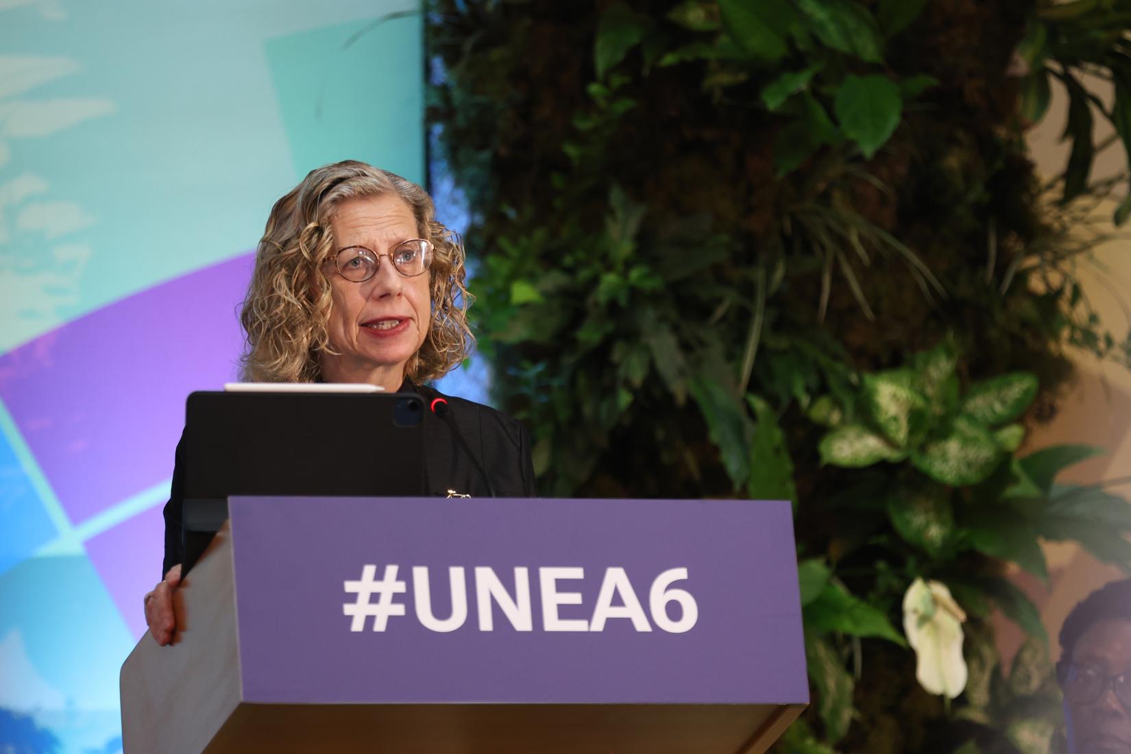 Inger Andersen, Diretora Executiva do Programa das Nações Unidas para o Meio Ambiente, falando durante a sessão de abertura da sexta sessão da Assembleia Ambiental da ONU em Nairóbi, Quênia, em 26 de fevereiro de 2024.