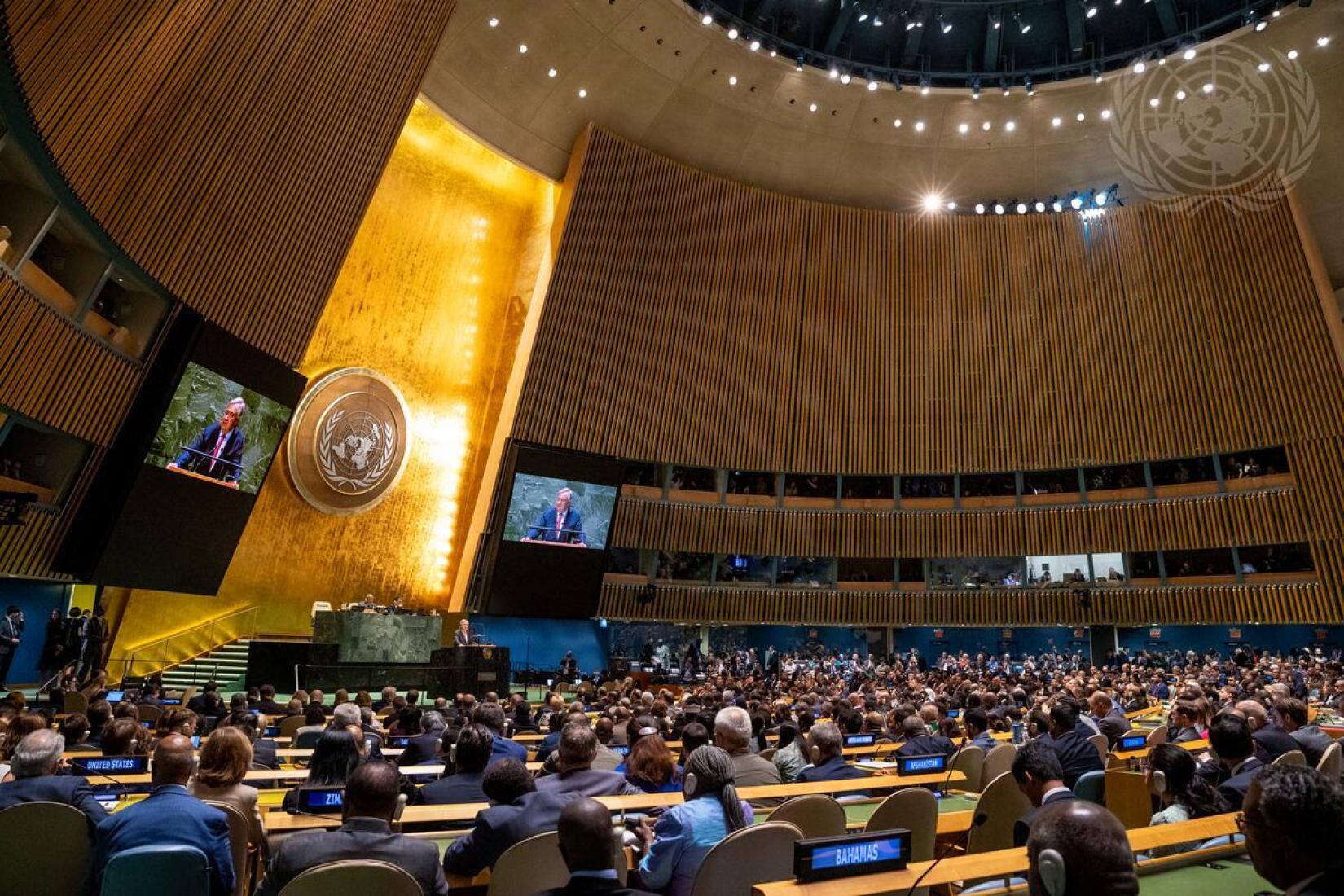 O secretário-geral da ONU participa da abertura da 78ª sessão da Assembleia Geral, em 19 de setembro de 2023. Créditos: Foto da ONU/Eskinder Debebe.