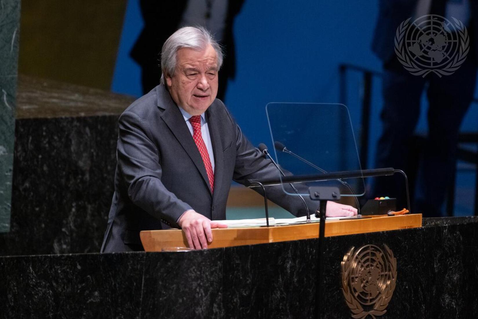 O secretário-geral da ONU, António Guterres, apresenta prioridades e o plano de trabalho da Organização em reunião plenária da Assembleia Geral em 7 de fevereiro de 2024