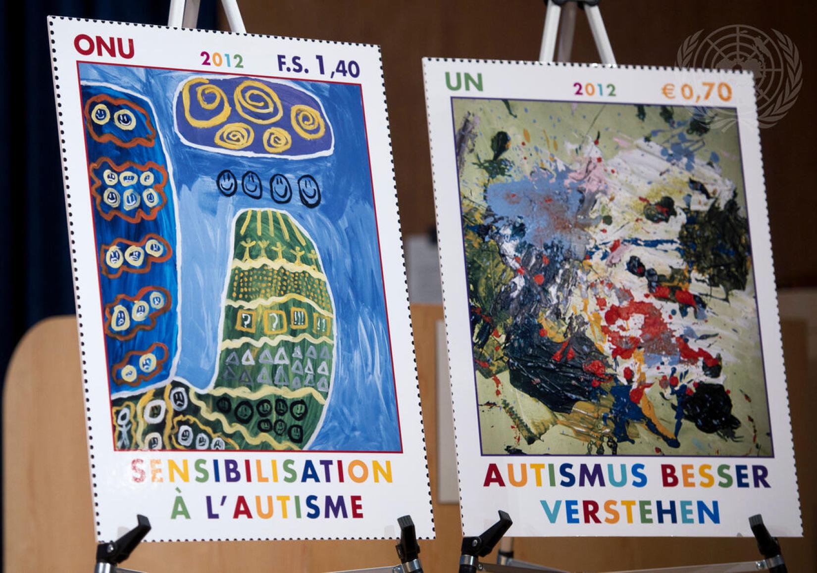 Selos que apresentam obras de arte de pessoas com autismo foram emitidos pela Administração Postal da ONU para celebrar o Dia Mundial de Conscientização sobre o Autismo, assinalado em 2 de abril desde 2007. 