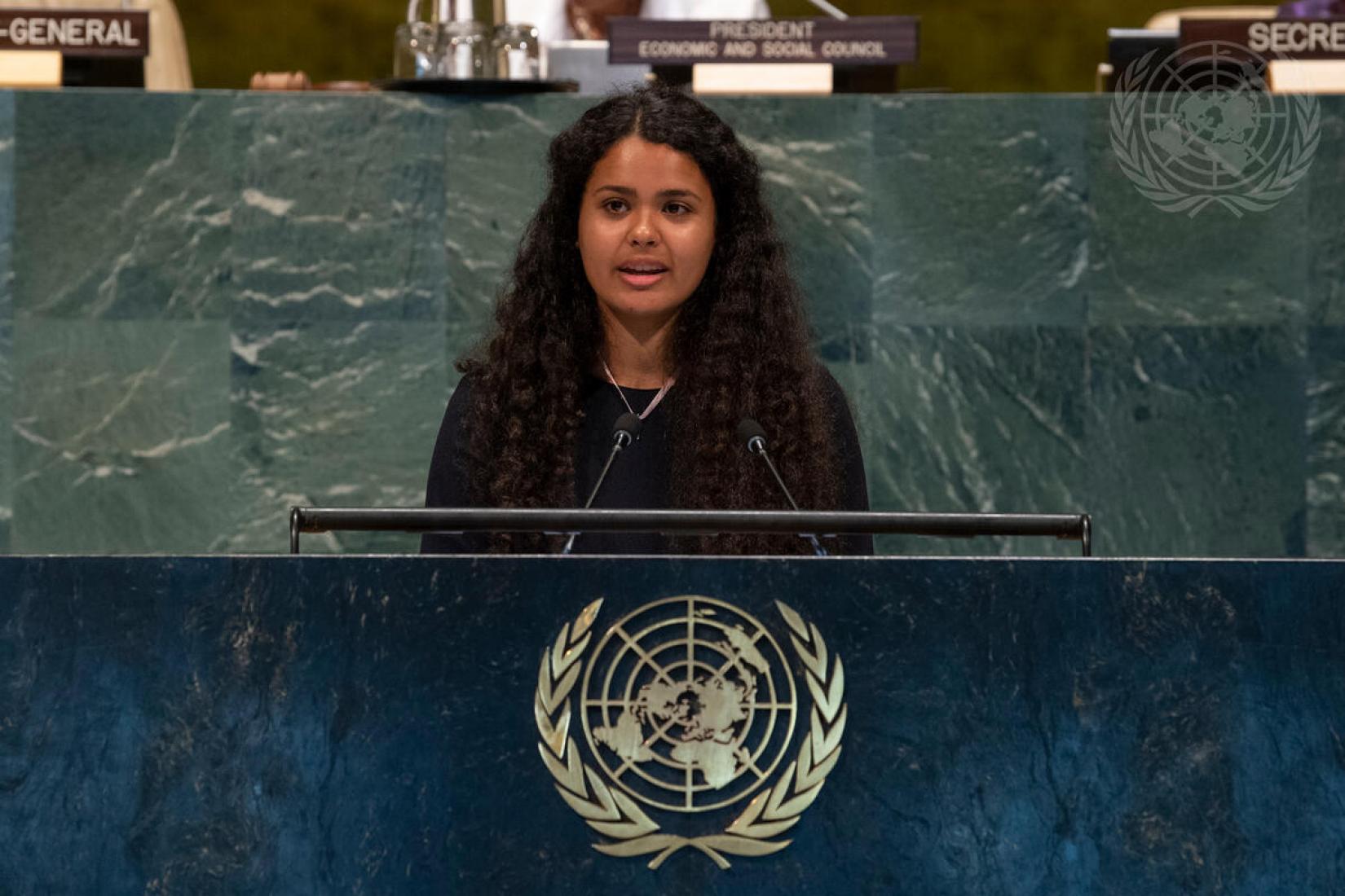 Ilike Kumsova, da República Tcheca, discursa no plenário da Assembleia Geral da ONU durante evento do Conselho Econômico e Social (ECOSOC), em 16 de julho de 2019. 