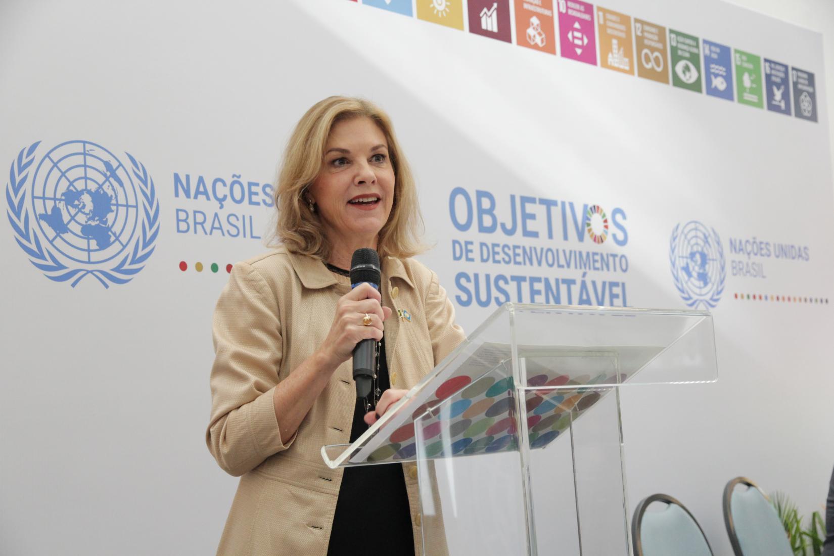 The UN Resident Coordinator in Brazil, Silvia Rucks, speaks during the launch of the new shared services center in Brasilia.