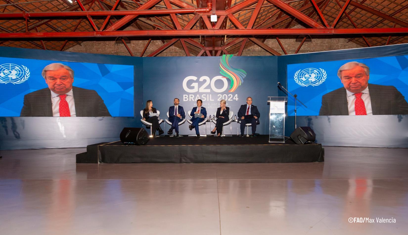 O secretário-geral da ONU, António Guterres, envia mensagem para o lançamento do relatório "O Estado da Segurança Alimentar e da Nutrição no Mundo", em evento do G20 realizado nesta quarta-feira (24) na Zona Portuária do Rio de Janeiro. 