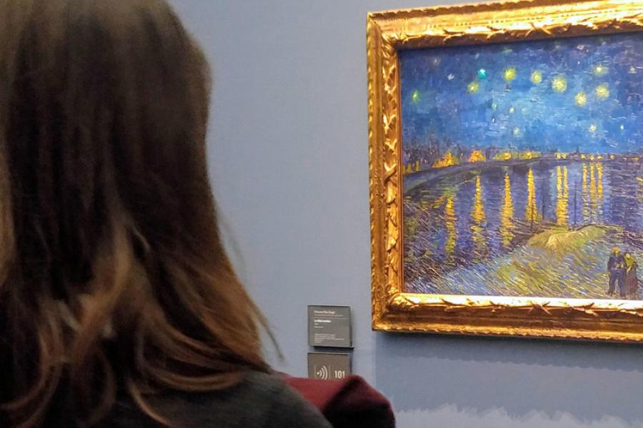 Mulher no Musée d'Orsay em Paris contempla a pintura de Vincent Van Gogh de 1888.