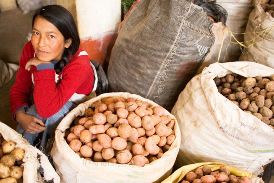 Uma mulher vende batatas no mercado de alimentos Andahuaylas, no Peru