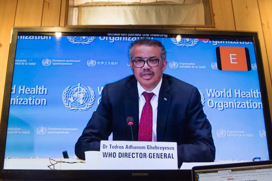 O diretor da OMS, Tedros Ghebreyesus, na primeira coletiva de imprensa de 2022 