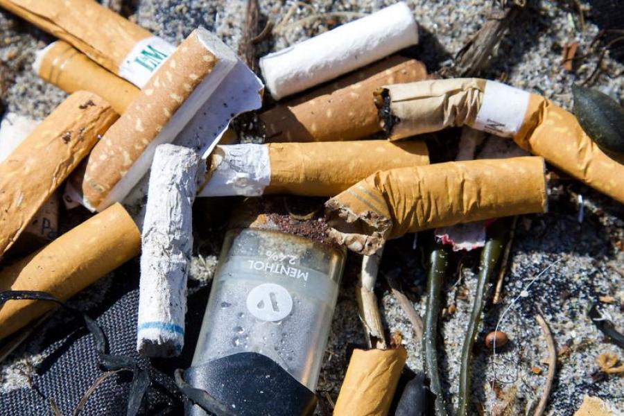 Pontas de cigarro e cápsulas de vaping encontradas durante uma limpeza de praia nos EUA