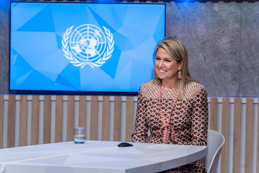 Rainha Máxima dos Países Baixos, Assessora Especial do Secretário-Geral das Nações Unidas para o Financiamento Inclusivo para Desenvolvimento na sede da ONU em Nova Iorque, em 2021